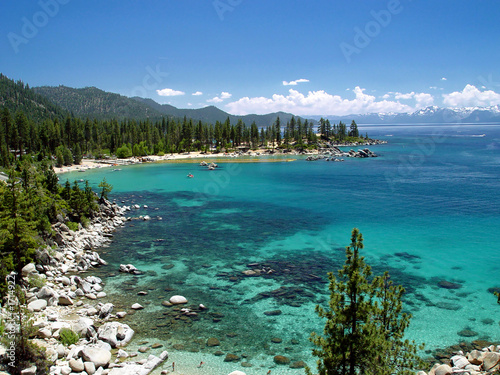Clear shallow transparent water, Lake Tahoe beach on east shore