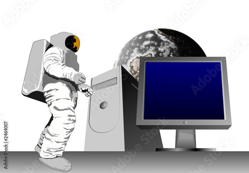 astronaut with computer and moon