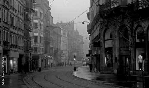 old town on misty morning