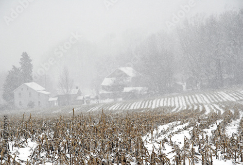 farm and cornfield with snow
