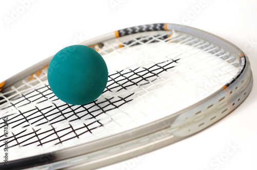 Close up shot of racquetball gear on a white background.