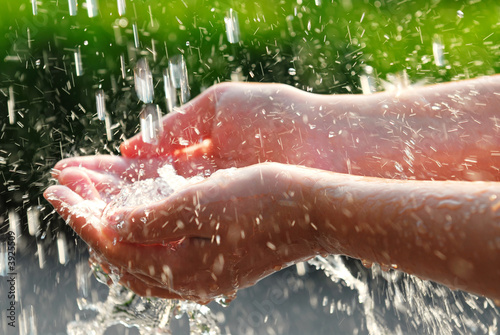 Hands catching clean water close up. Environmental concept.