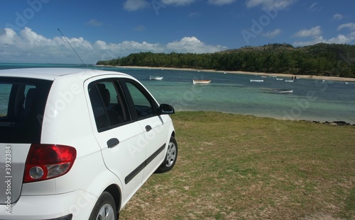 White small car on green grass by the beach