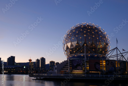 geodesic dome of science world, vancouver night scene