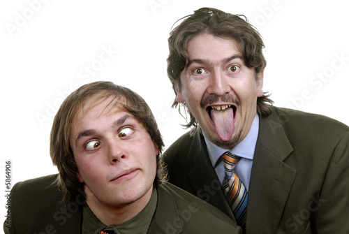 two silly young business men portrait on white