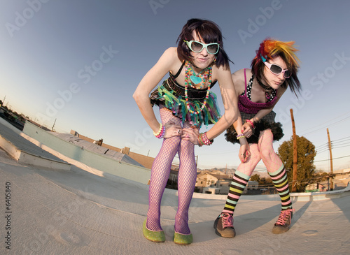 Fisheye shot of girls in brightly colored clothing on a roof