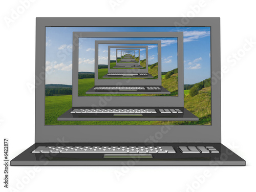 Recursive 3D image of laptops with a landscape on the screen..