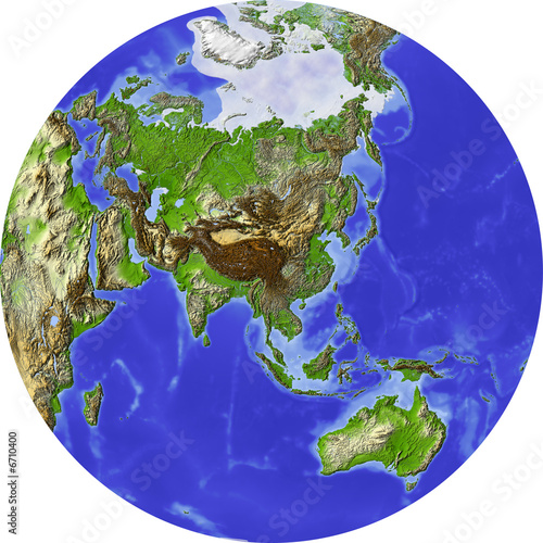 Globe, shaded relief, centered on Asia