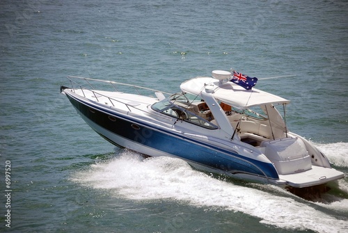 Blue Sport Fishing Boat with White Aluminum Canopy