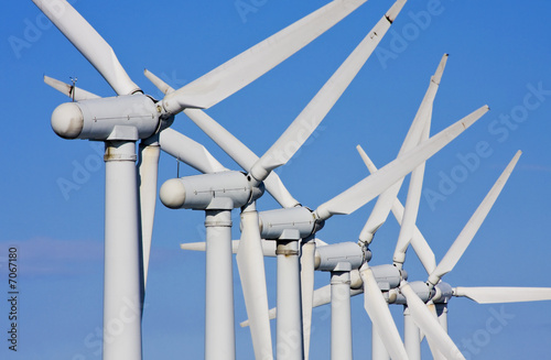 Close up of windmills in windfarm