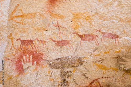 Ancient hunting scene painted in a cave in Patagonia, Argentina.