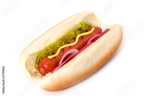 Delicious Grilled Hot Dog with mustard, sweet relish and onions