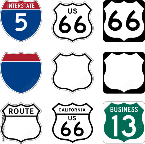 Interstate and US Route signs including famous Route 66