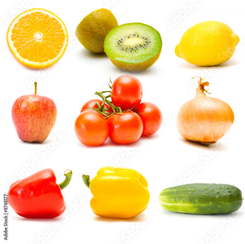 Set of different fruits and vegetables isolated on white