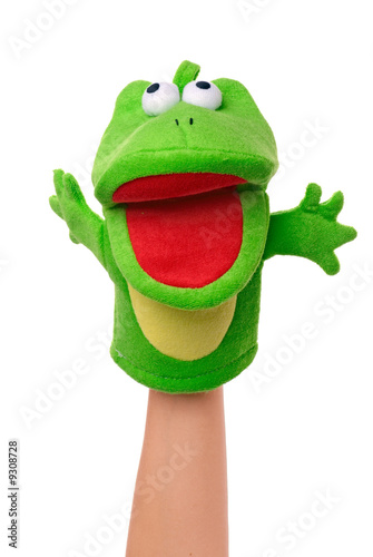 Hand puppet of frog isolated on white, happy emotion.