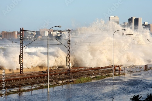 Powerful sea waves causing damage and flooding