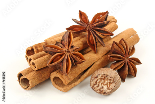 Cinnamon,anise and nutmeg isolated on white background