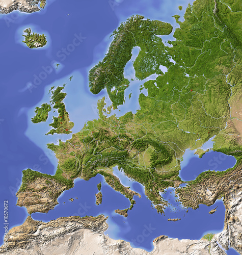 Shaded relief map of Europe, colored for vegetation.