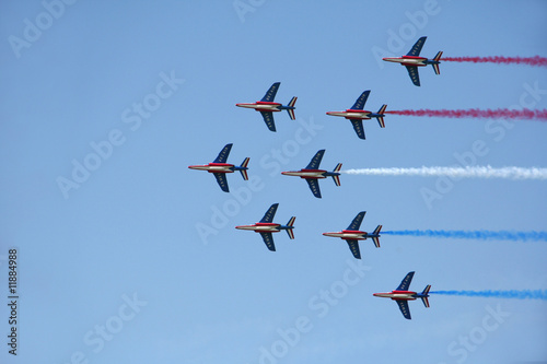 Formation of jet planes with coloured smoke trails