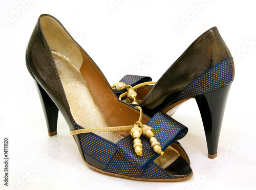 Blue high heel women shoes with bow and laces
