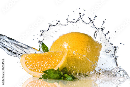 Water splash on lemon with mint isolated on white