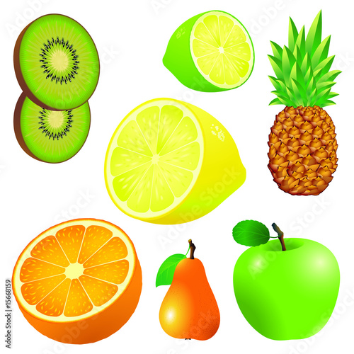 Kiwi, Lemon, orange, pear, pineapple, apple