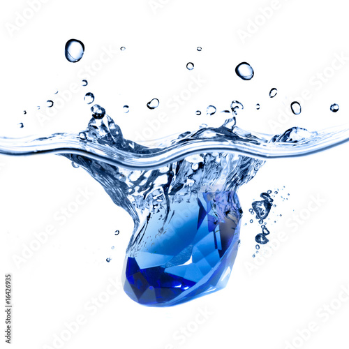 blue gem falling into water with splash isolated on white