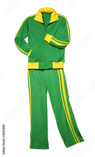 tracksuit sports suit green with yellow applications flat lay isolated on white