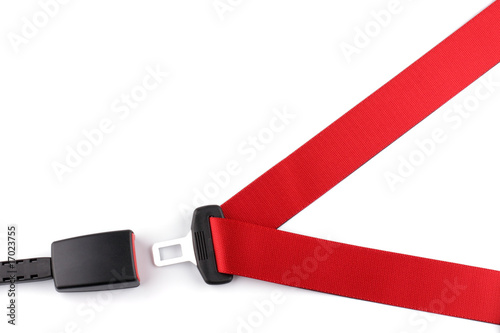 Red seat belt with a fastener and the lock