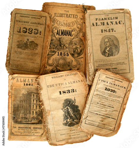 A collection of very old farmer's almanacs.