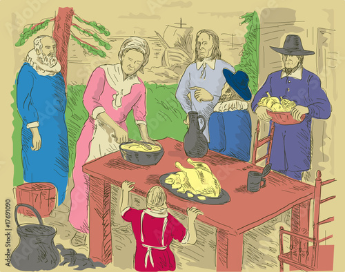 Pilgrims celebrating first thanksgiving dinner