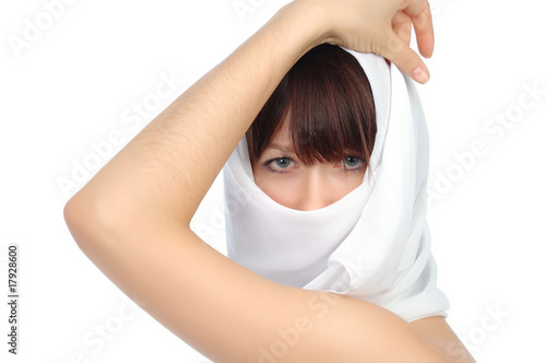 Portrait of woman against white background