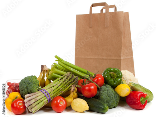 Assorted vegetables with a grocery sack