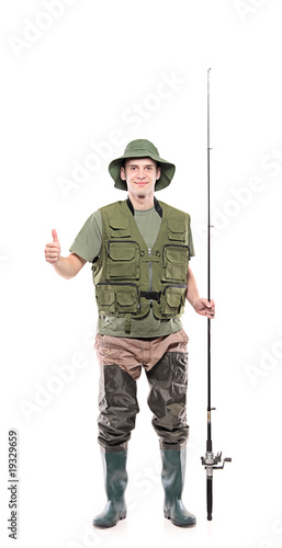 Fisherman with thumbs up isolated on white background