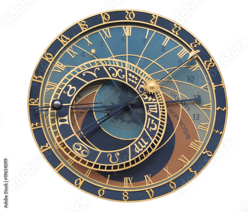 Old astronomical clock isolated on white