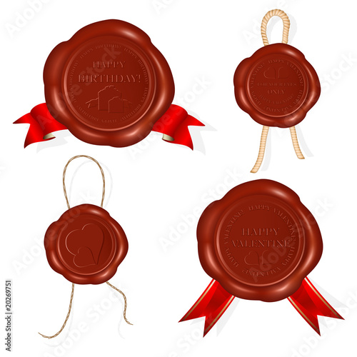 Vector. Wax seals with rope and red ribbons..