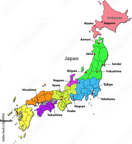 Color map of Japan with regions on a white background
