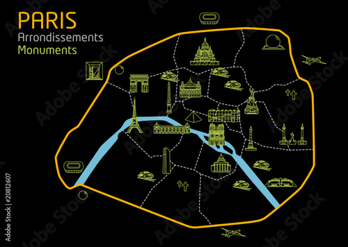 Plan de paris - Monuments touristiques - Noir fashion