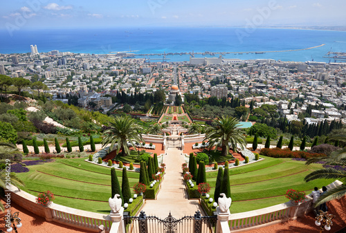 Wide view at Bahai Temple, German Colony and Haifa port