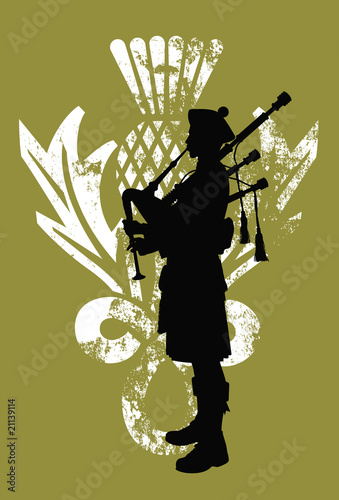 Silhouette of a bagpiper wearing a scottish kilt