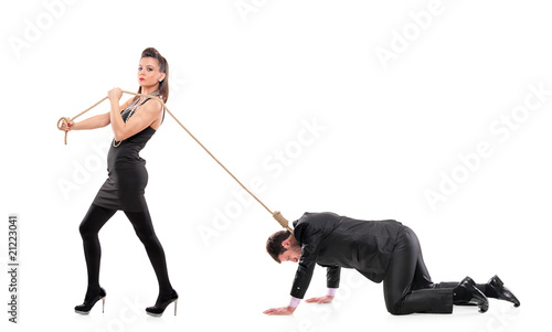 A woman torturing her boyfriend isolated on white