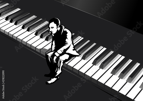 Mann auf dem Klavier, schwarz-weiße Illustration