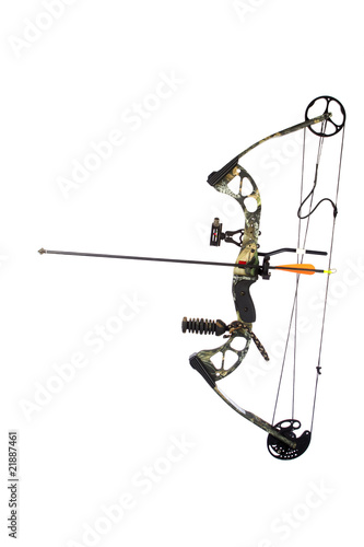 Modern compound bow and arrow isolated on white background