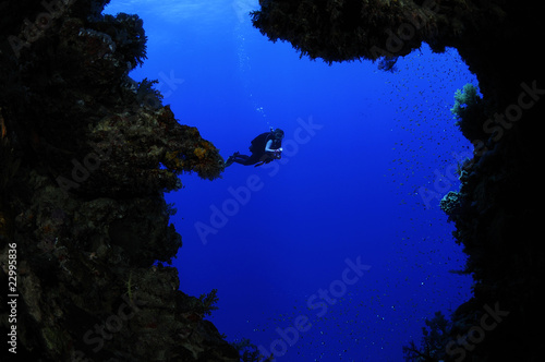 Diver exploring an underwater cave.