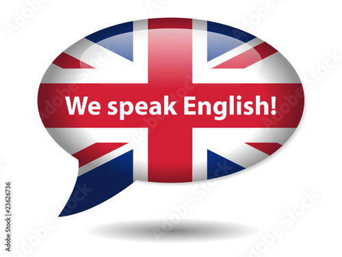 “We Speak English!” Speech Bubble Icon (UK Flag Language Button)