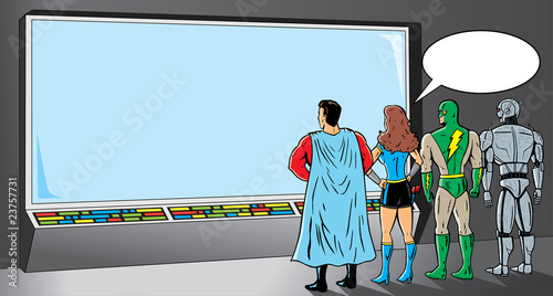 Superheroes looking at screen