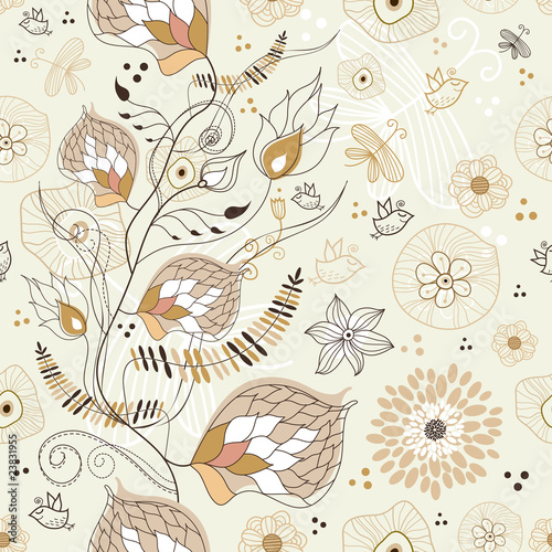 Floral brown branch with birds and butterflies
