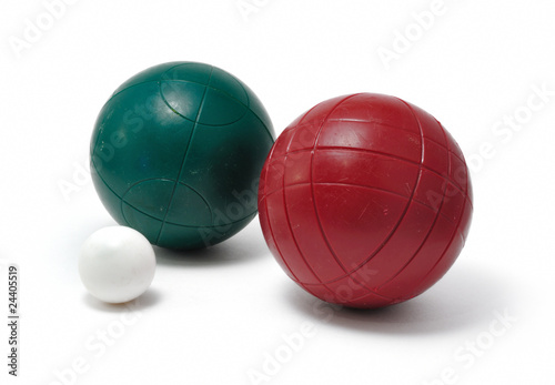 Red and Green Bocce Balls and Pallino (Jack or Boccino)