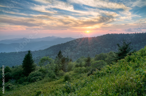 Mountains Summer Sunset Landscape on Blue Ridge Parkway Evening