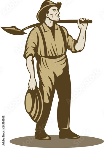 Miner prospector gold digger with shovel and pan